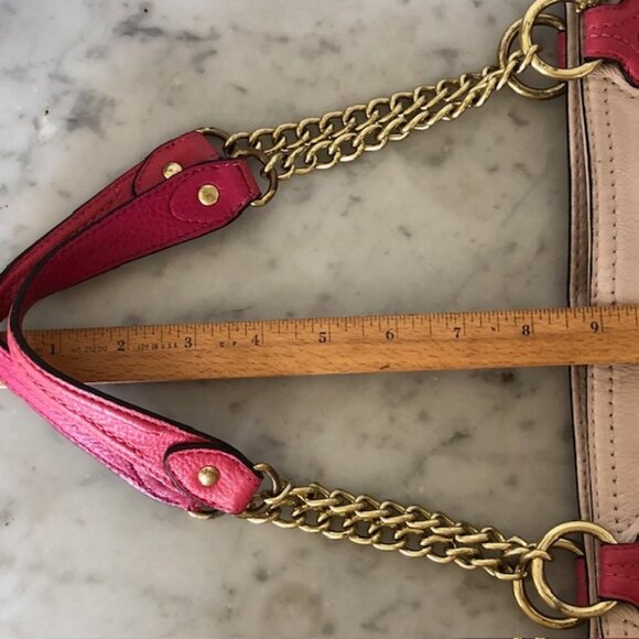 COACH Pink Cream/ Light Taupe Leather Color Block Chain Strap Tote Purse - Picture 14 of 14